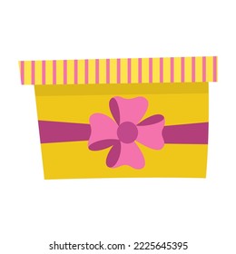 Caja de regalo amarilla con cinta rosa y arco en un lado. Plantilla para venta banner, logotipo, afiche sorpresa, volante, tarjeta, portada. Celebrando las vacaciones, dando regalos en el evento. Imagen prediseñada. Diseño plano. Vector