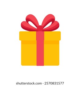 Yellow gift box with pink ribbon bow. Birthday celebration, surprize, giveaway. Vector flat illustration