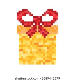 Yellow gift box pixel art. Vector of a festive box with a red bow on a white background .