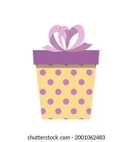 Yellow gift box with polka dots. Funny birthday present in bright colors with violet bow. White isolated vector stock illustration EPS 10. 