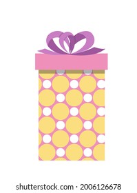 Yellow gift box with polka dots. Funny birthday present in bright colors with violet bow. White isolated vector stock illustration EPS 10. 