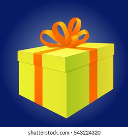 Yellow gift box present icon. Gold ribbon. Surprise box Isolated. Flat vector stock illustration