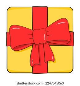 Caja de regalo amarilla con arco rojo y cinta adhesiva. Caricatura. Ilustración del vector
