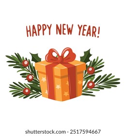Yellow gift box with a red bow on a background of fir branches and holly berries. Vector. Happy New Year concept.