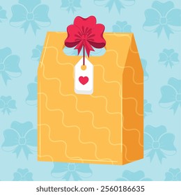 Yellow gift box with red bow and decorative heart tag Vector