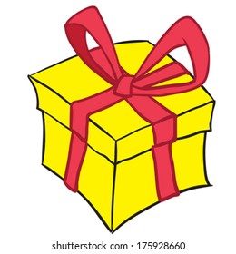 caja de regalo amarilla con doodle de dibujos animados de cinta roja