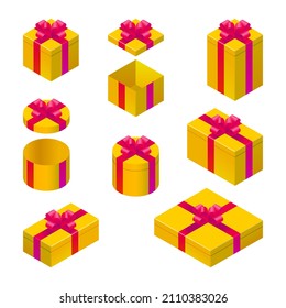 Yellow Gift Box Red Ribbon Icon Set Color Vector Logo 3d Isometric Perspective. Isolated Realistic Wrapped Bow Giftbox On White Background. Celebration Birthday Holidays Date Present Concept Design