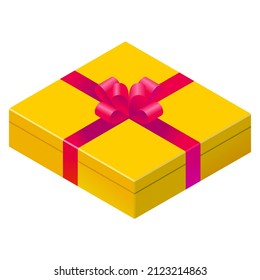 Yellow Gift Box Red Ribbon Icon Set Color Vector Logo 3d Isometric Perspective. Isolated Realistic Wrapped Bow Giftbox On White Background. Celebration Birthday Holidays Date Present Concept Design