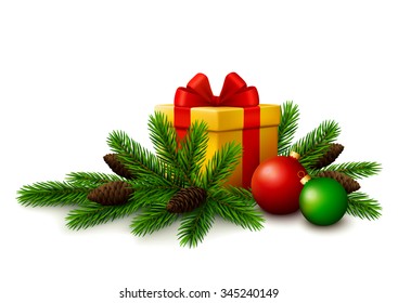 Yellow gift box with red tape, fir tree branches with cones and christmas balls on white background. Realistic vector illustration.
