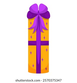 Yellow gift box in stars with violet bow. Vector illustration of cartoon flat cute color present isolated on white background. Christmas or birthday present, anniversary or Valentine`s day gift box.