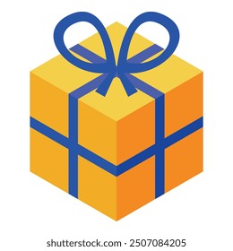 Yellow gift box wrapped with a blue ribbon in isometric view