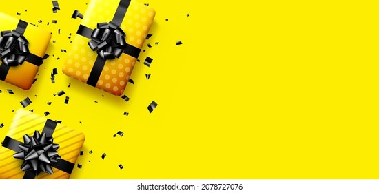 Yellow gift boxes with black bows. Christmas, birthday, Valentine's day present. Space for text. Vector holiday illustration.