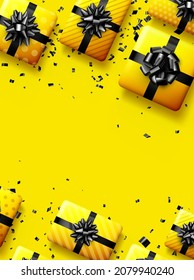 Gelbe Geschenkbox mit schwarzen Bögen. Weihnachten, Geburtstag, Valentinstag. Platz für Text. Vektorgrafik für Feiertage.