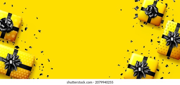 Yellow gift boxes with black bows. Christmas, birthday, Valentine's day present. Space for text. Vector holiday illustration.