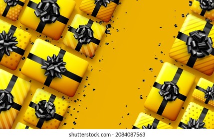 Yellow gift boxes with black bows. Christmas, birthday, Valentine's day present. Space for text. Vector holiday illustration.