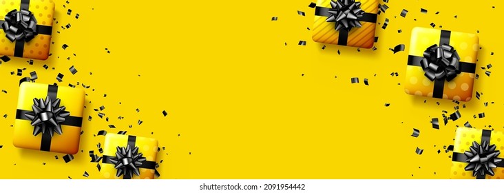 Yellow gift boxes with black bows. Christmas, birthday, Valentine's day present. Space for text. Vector holiday illustration.