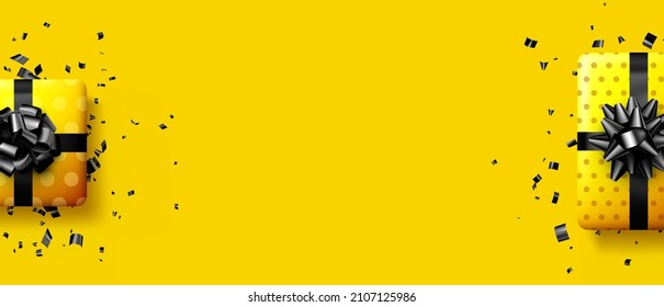 Yellow gift boxes with black bows. Christmas, birthday, Valentine's day present. Space for text. Vector holiday illustration.