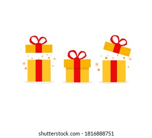 Yellow gift boxes with a red bow. A set of different boxes of confetti. Vector graphics. White background.