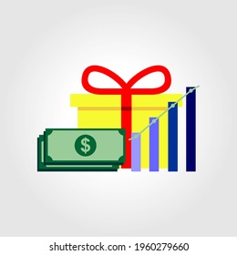 Yellow gift boxes with red ribbon, bonus money, earn points, loyalty program, win prize, cash back for purchase,  vector flat icon