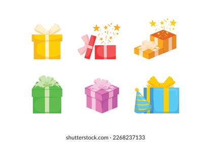 Yellow gift box,Surprise Red box,Surprise orange gift box,Green gift box,Pink box,Blue gift box and yellow ribbon,holiday surprise box.Realistic vector for present, birthday, banners