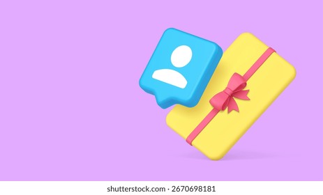 Yellow gift card featuring pink ribbon and customer icon symbolizing loyalty rewards and marketing campaigns for digital platforms. 3d realistic icon copy space banner vector illustration.