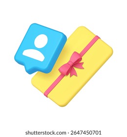 Yellow gift card with pink ribbon and customer icon representing loyalty rewards, customer appreciation, and marketing campaigns. Suitable for digital platforms. 3d icon realistic vector illustration.