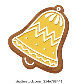 Yellow gingerbread cookie shaped like a festive bell with white icing details. Perfect for Christmas and holiday themes, winter treats, seasonal decorations, and festive bakery or dessert designs.