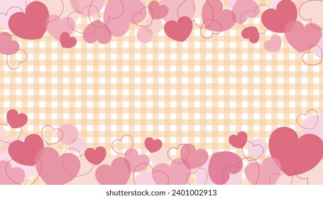 Gelber Gingham-Schachtel-Valentinrahmen mit süßen rosa Herzen auf und unten