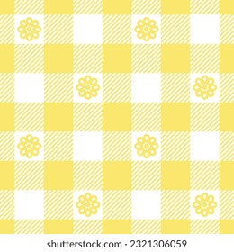 Yellow gingham pattern with flower decoration. Floral checkered seamless fabric swatch. 