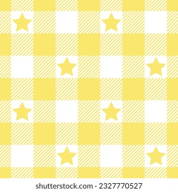 Yellow gingham pattern with stars. Seamless checkered fabric swatch. 