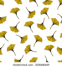 Gelbes Ginkgo hinterlässt ein handgezeichnetes, nahtloses Muster. Botanische Elemente, Vektorclip-Kunst, Blätter Muster für Textilien und Tapeten, Design