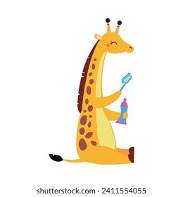 Yellow Giraffe Character Brushing Teeth with Toothbrush as Hygiene Vector Illustration