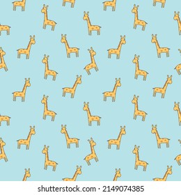 ilustración vectorial del dibujo de la mano del doodle amarillo Giraffe Patrón inquebrantable sobre el fondo azul del fondo del fondo del papel.