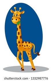 A Yellow Giraffe with long neck eating grass in Blue background, vector, color drawing or illustration.