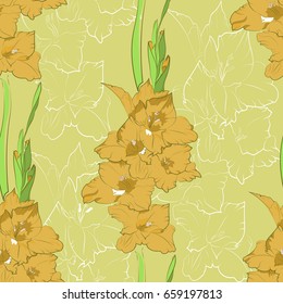 Yellow gladioli with green leaves and trunk with white contour in background