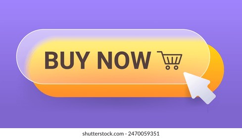 Yellow glass morphism buy now button on purple background. 3D vector online shopping illustration