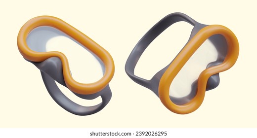 Yellow glasses for underwater swimming in different positions on yellow background. Professional equipment for swimmers. Vector illustration in 3d style