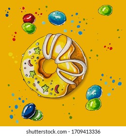 Yellow glazed donut with colorful candies in a shape of stars, moon and dots. Candies is laying around the donut