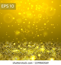 Yellow glitter lights vector background. 3d abstract glow scene for party, christmas,birthday,festive template