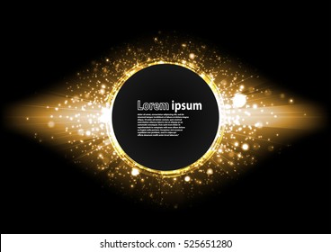 Yellow glitter party poster abstract layout with circle surrounded by flare shimmering particle luxurious pattern. Vector illustration