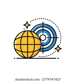 a yellow globe with black grid lines is positioned in front of a blue and white target with a black crosshair and dotted line circle, surrounded by two small yellow stars
