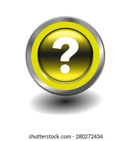 Yellow glossy button with metallic elements and white icon question mark, vector design for website