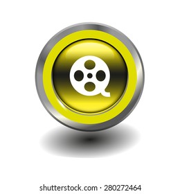 Yellow glossy button with metallic elements and white icon motion picture film reel, vector design for website