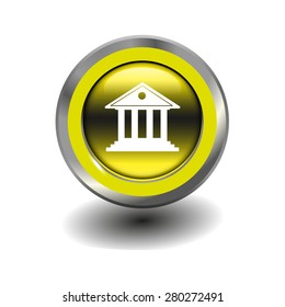 Yellow glossy button with metallic elements and white icon building with columns, vector design for website