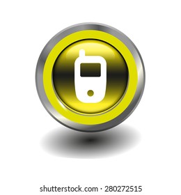 Yellow glossy button with metallic elements and white icon phone, vector design for website