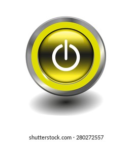Yellow glossy button with metallic elements and white icon power on/off, vector design for website