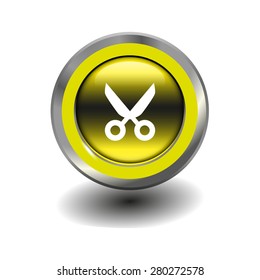 Yellow glossy button with metallic elements and white icon scissors (cut), vector design for website