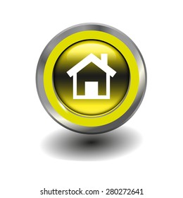 Yellow glossy button with metallic elements and white icon house, vector design for website