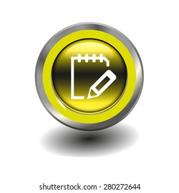 Yellow glossy button with metallic elements and white icon notepad, vector design for website