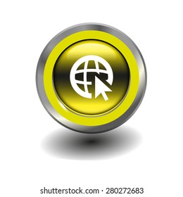 Yellow glossy button with metallic elements and white icon globe (go to web), vector design for website